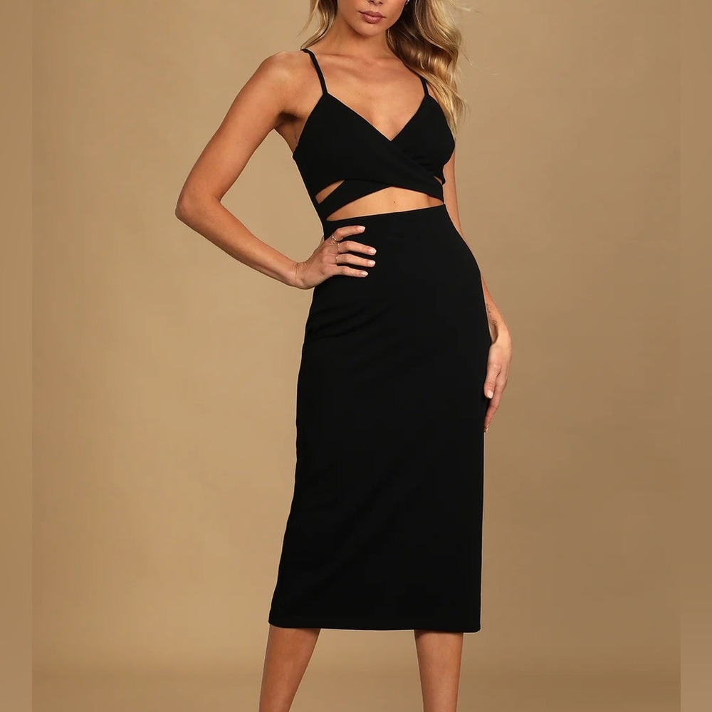 Lulus Cross Your Heart Black Surplice Cutout Bodycon Midi Dress